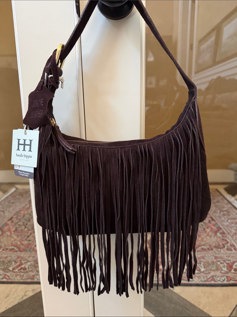 Haute Hippie Dark Brown Suede Fringe Shoulder Hobo Bag Boho Festival Western